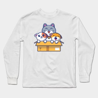 Cute Cat Playing In The Box Cartoon Long Sleeve T-Shirt